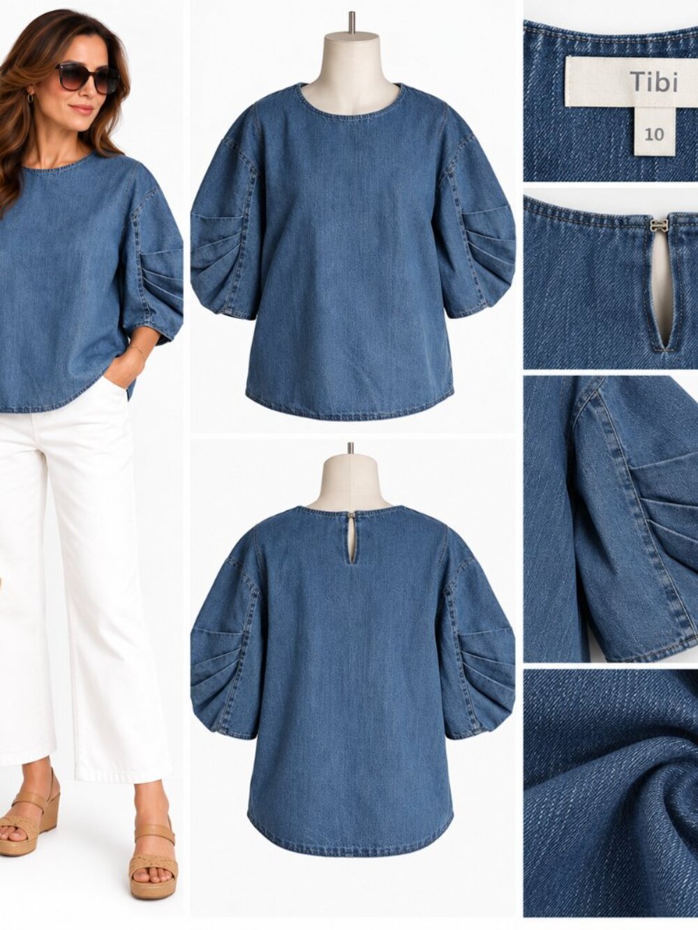 Tibi Blue Denim Sculpted Puff Sleeve Pullover Top Modern Minimalist Statement S